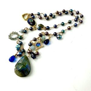 Mixed Gemstone Charm Necklace, Lapis Lazuli Freshwater Pearls Labradorite Neckla